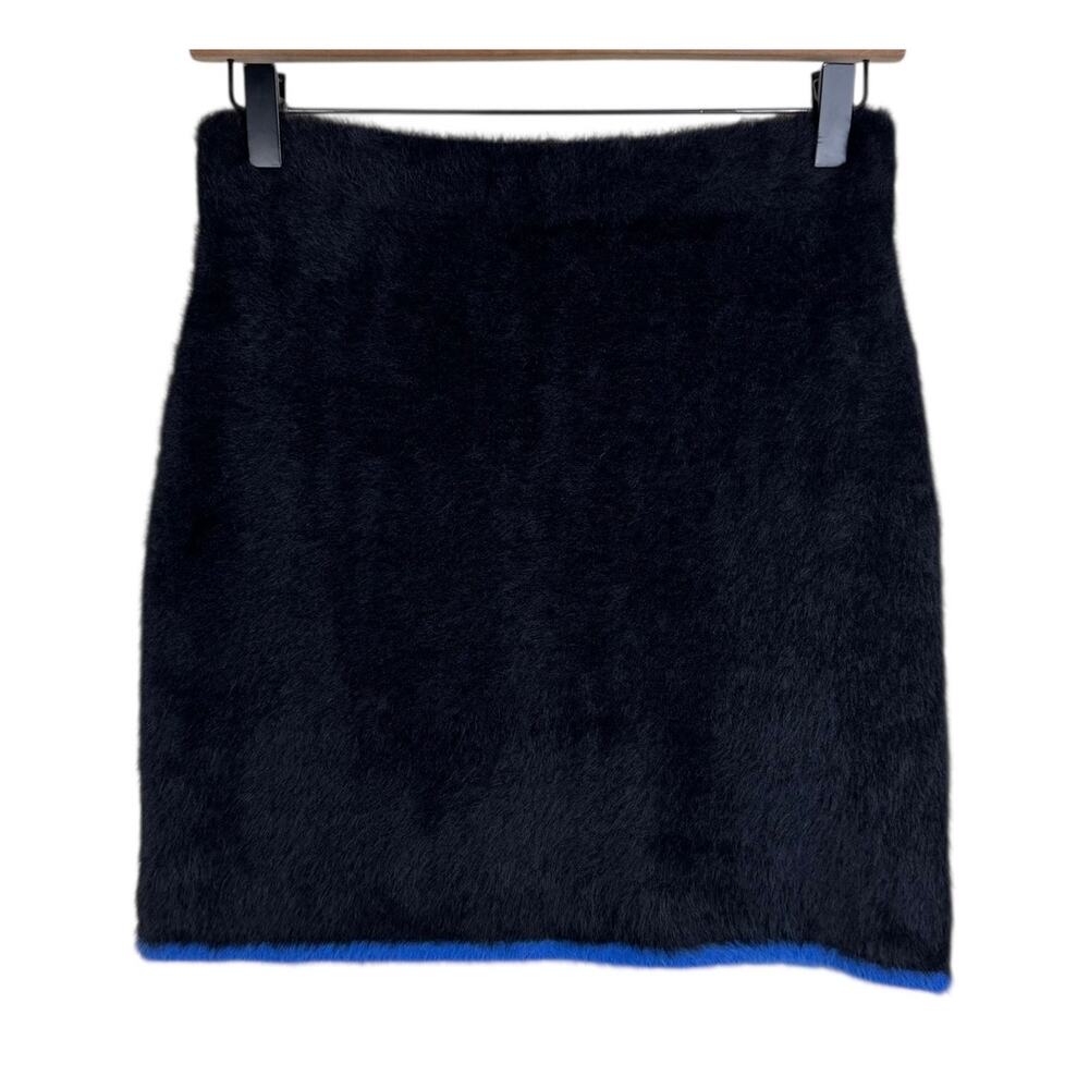 The Wolf Gang NEW Medium Black Blue Trim Knit Fuzzy Stretch Unlined Mini Skirt